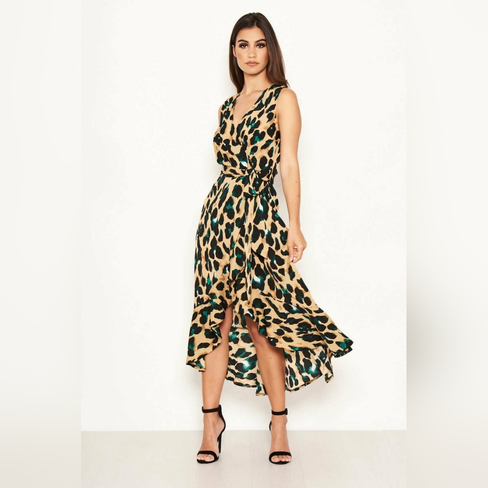 AX Paris Leopard Print Wrap Frill Maxi Dress 10US 14UK Women's